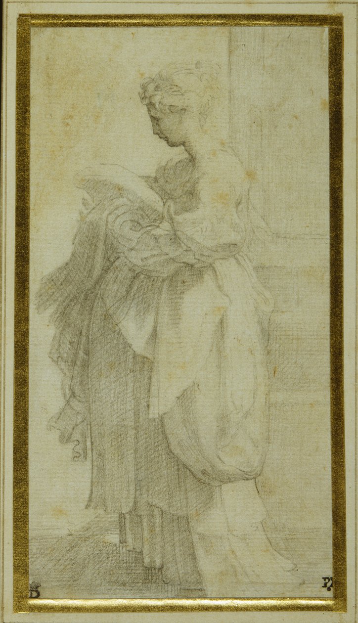Álló lány alakja terjedelmes drapériákkal (fekete kréta fehér papíron) alkotó: Parmigianino 