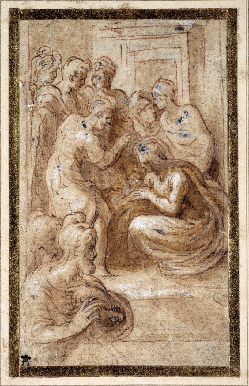 A Szent Család imádása belső térben (toll és barna tinta barna mosással és fehér kiemeléssel a krémpapíron) alkotó: Parmigianino 