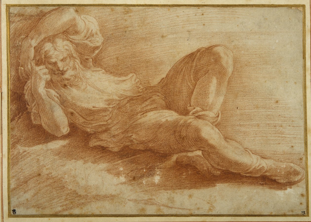 Szakállas alak, alszik (piros kréta fehér papíron) alkotó: Parmigianino