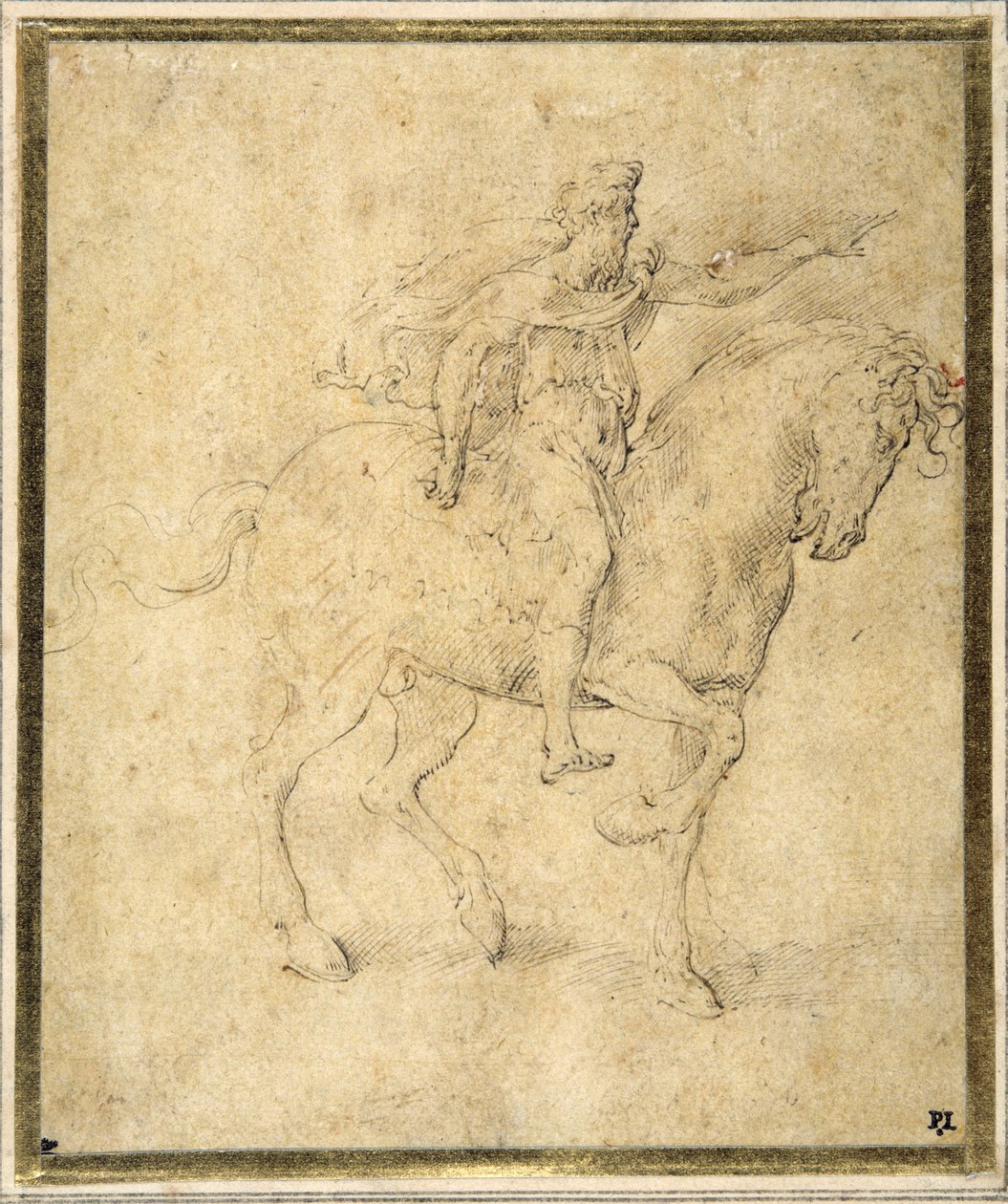 Lovas figura (toll és barna tinta, barna mosással, fehér papírra) alkotó: Parmigianino
