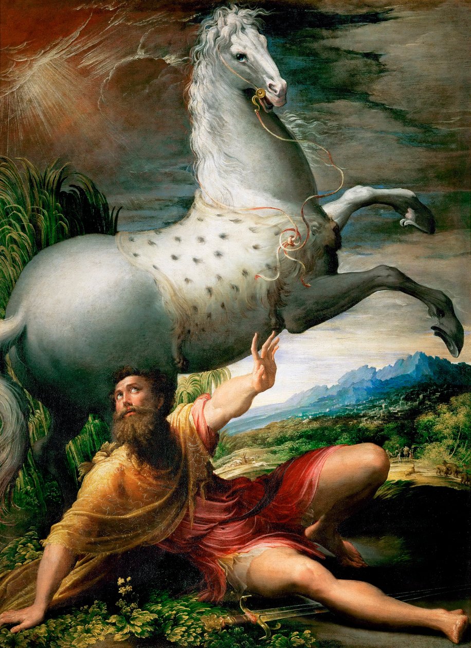 "Szent Pál megtérése a damaszkuszi úton" Girolamo Francesco Maria Mazzola vagy Mazzuoli dit il Parmigianino festménye Parmezán becenévvel (1503-1540) 1528 körül Művészettörténeti Múzeum, Bécs alkotó: Parmigianino