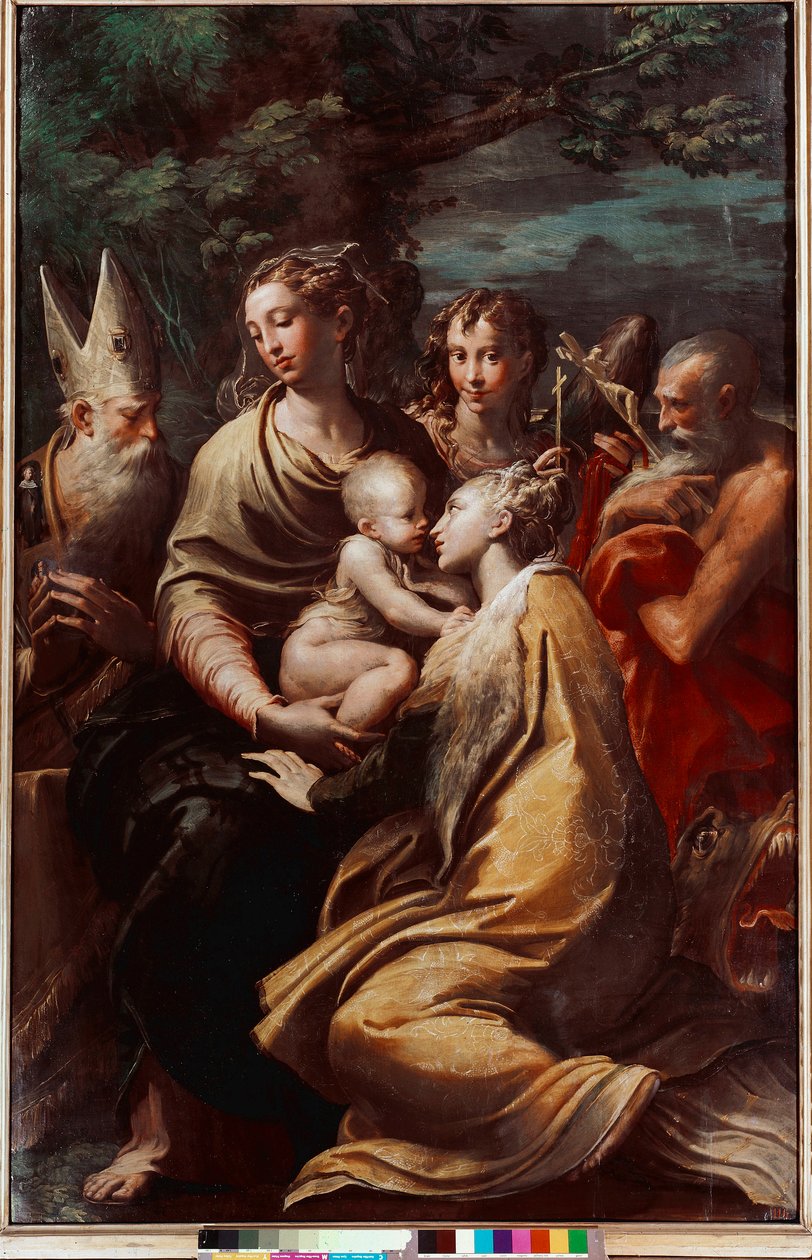 Madonna és gyermeke, Szent Margarita, Szent Mihály, Szent Jeromos és Szent Petronio (Petrone, Petronius) Francesco Mazzola Il Parmigianino festménye: Parmezán (1503-1540) 1528-1529 Méret: 222x147 cm Bologna, Nemzeti Képgaléria alkotó: Parmigianino