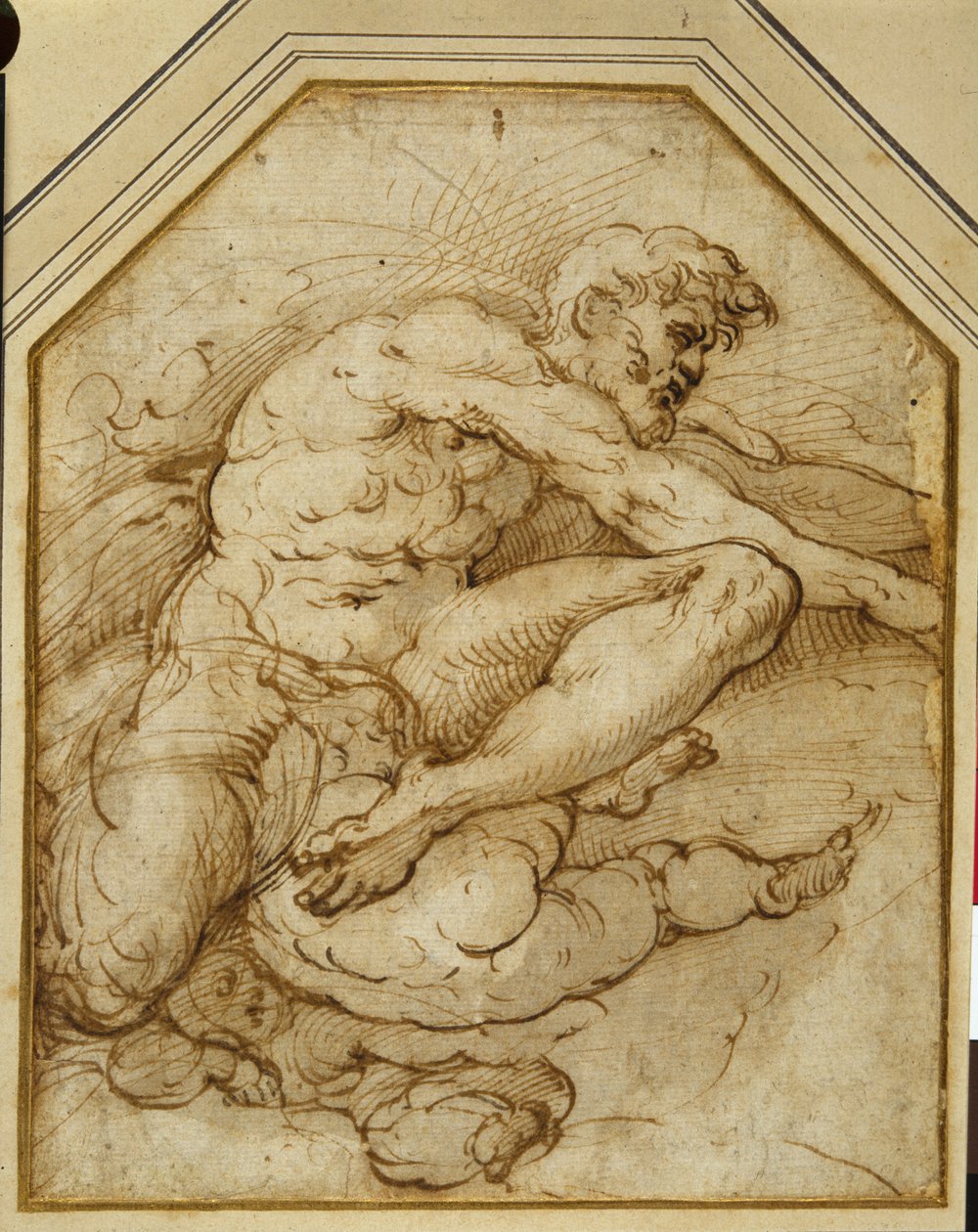 Férfialak, magasan a felhőkben puttival született (toll és barna tinta, papírra mosva) alkotó: Parmigianino