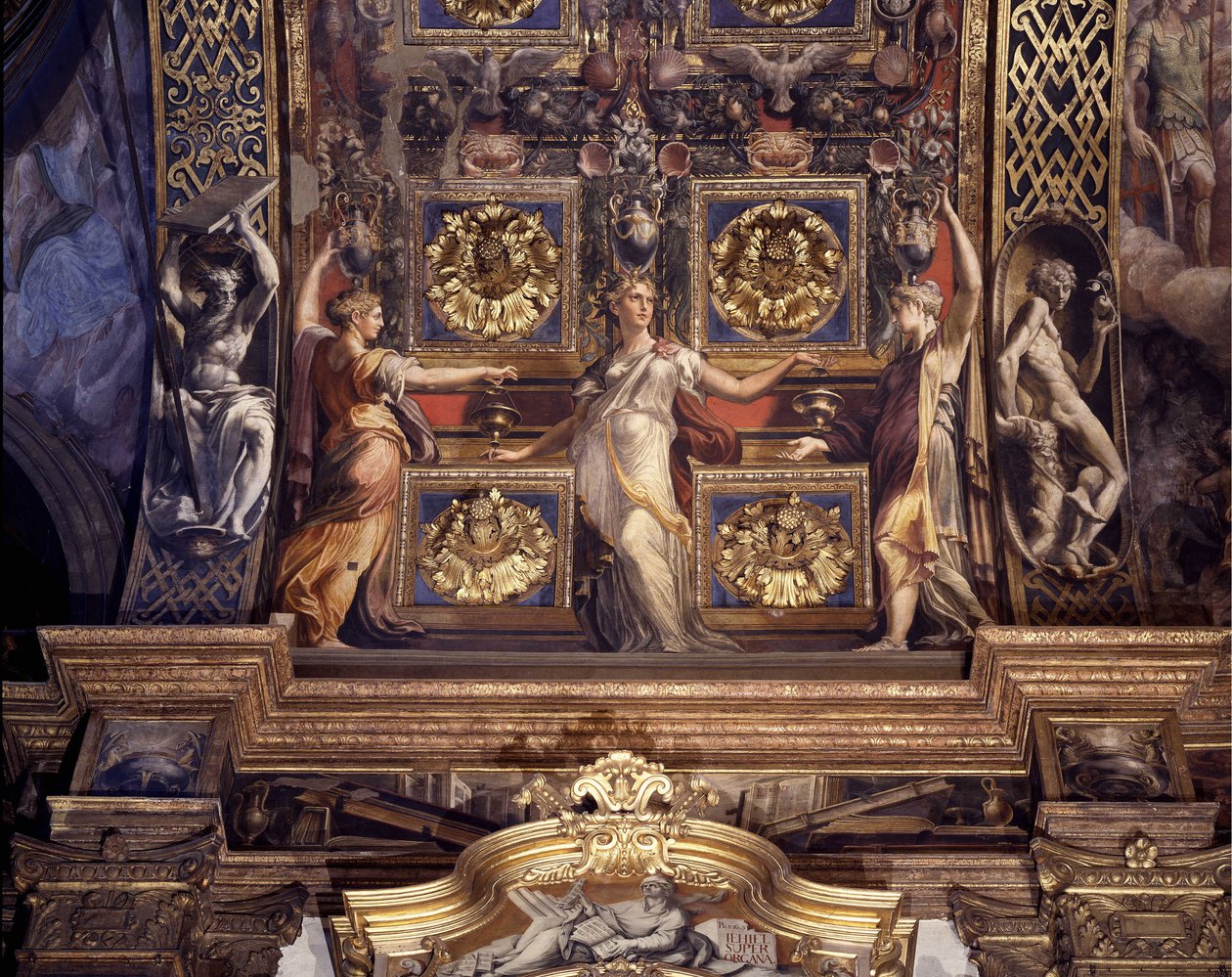 Három az öt őrült szűz közül. Részlet Francesco Mazzola (1503-1540) A Parmigianino (Parmezán) néven ismert freskóiról, amelyek a pármai Madonna della Steccata templom fő kápolnájának fő boltozatát díszítik. alkotó: Parmigianino