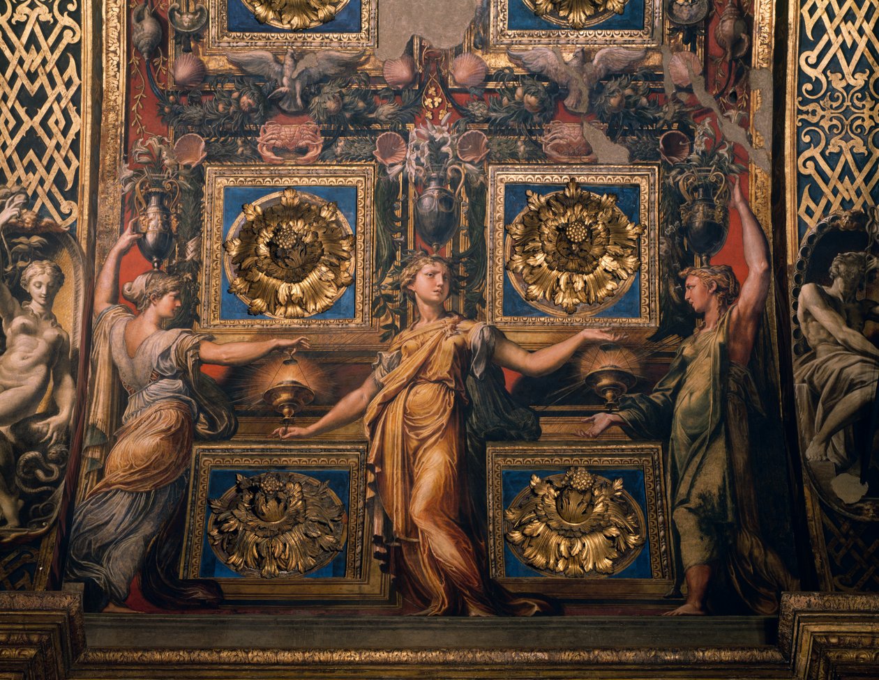 Három bölcs szűz, a Három bölcs szűz és három bolond szűz részlete, Francesco Mazzola, ismert mint Il Parmigianino, freskó, a presbitérium boltozatának alján, Santa Maria della Steccata kegyhely, Parma, Emilia-Romagna. Olaszország alkotó: Parmigianino