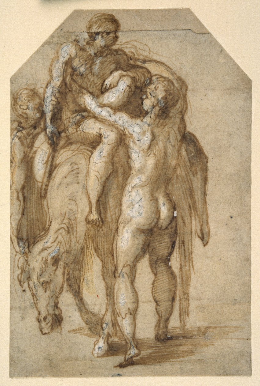 Két meztelen férfi beteg embert emel le egy fáradt lóról (toll és barna tinta, barna mosás, fehér testszínnel a papíron) alkotó: Parmigianino
