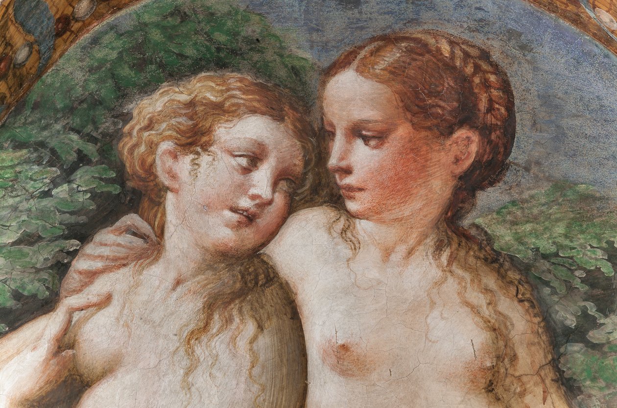 Két nimfa jár a Diana fürdőjébe, Diana és Actaeon szobájából, 2384753 részlet alkotó: Parmigianino