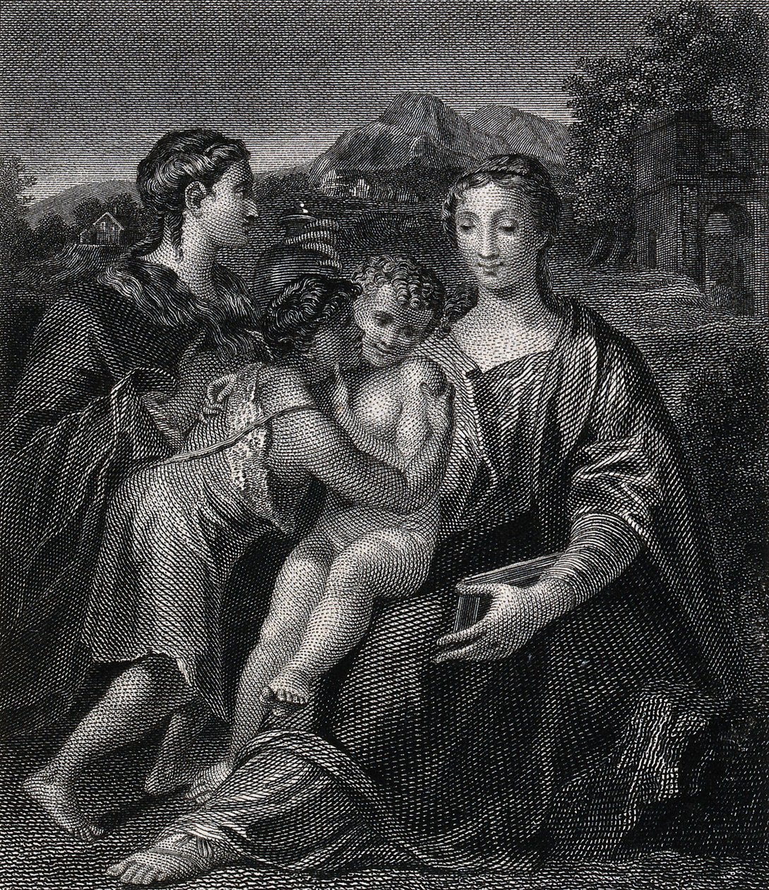Szűz Mária (a Boldogságos Szűz) a gyermek Jézussal, Keresztelő Szent Jánossal és Szent Mária Magdolnával. Metszet G.F.M. Mazzola, il Parmigianino után. alkotó: Parmigianino