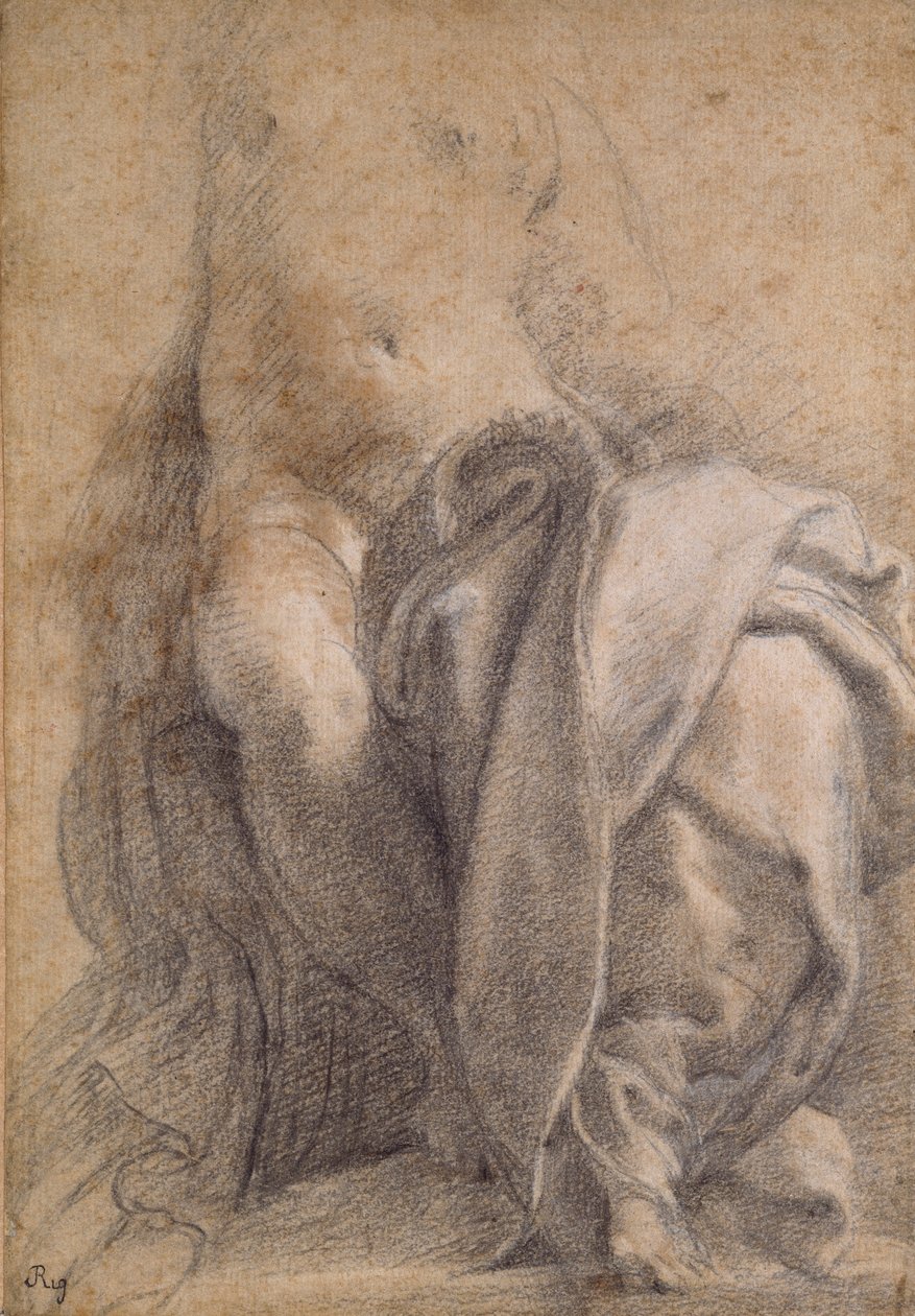 Ülő, félmeztelen, drapériát viselő nő, 1520-1540 alkotó: Parmigianino