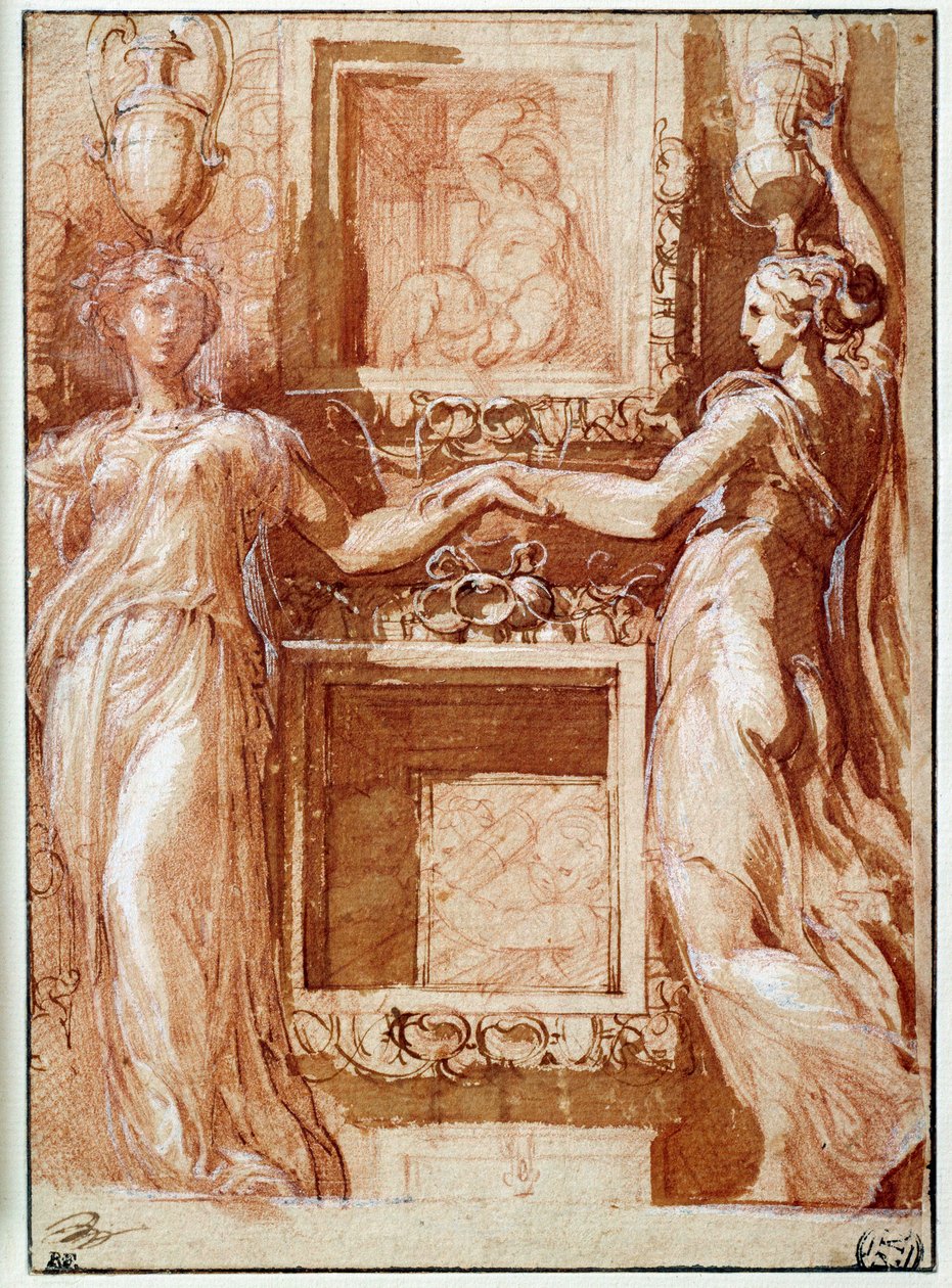 Két kanefor nyújtja a kezét, a dobozok mindkét oldalán Girolamo Francesco Maria Mazzola dit Parmigianino vagy Le Parmesan tintával, mosással, vérrel és fehér fülekkel rajz alkotó: Parmigianino
