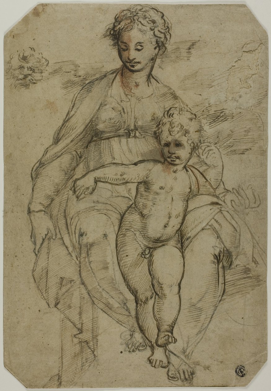 Szűz és gyermek (recto); Vázlat három szentről és karikatúra vázlat (fordítva) alkotó: Parmigianino