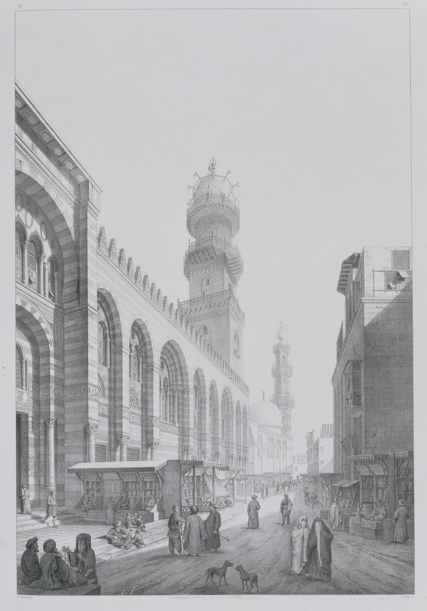 A qalaouni mecset külseje, a „Kairói emlékművek és épületek” 20-as táblája, Auguste Hibon (1780-1857) metszettje, 1829 alkotó: Pascal Xavier Coste