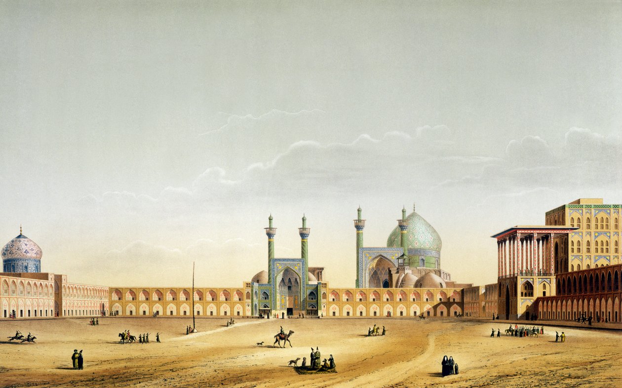 A királyi palota és a Mesdzsid-i-sah, Iszfahán, 6-7. tábla a "Modern Monuments of Persia" című műből, metszette A. Levie, 1856. alkotó: Pascal Xavier Coste
