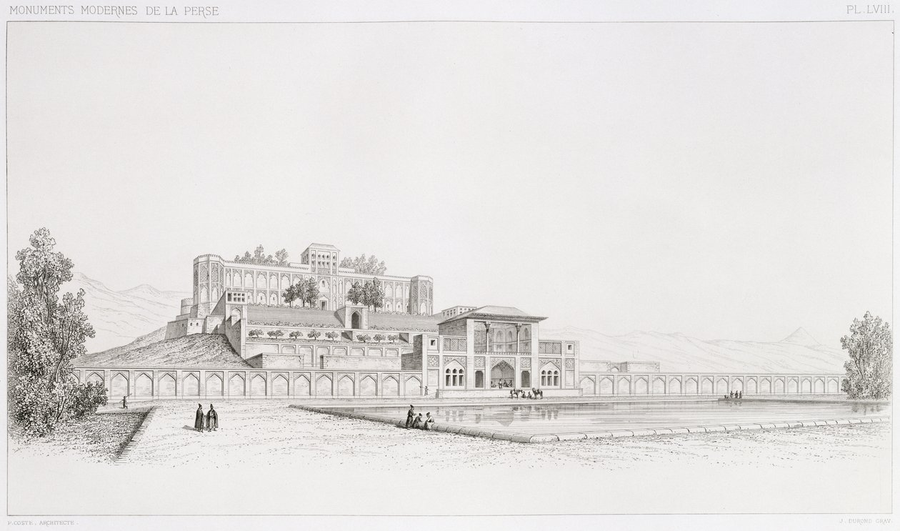 A Golestan Qajar palota „Kasr l Kadjar” Teheránban, a „Voyage Pittoresque of Persia” című művéből, Joseph Durond (sz. 1816) metszete, kiadó: Lemercier, Párizs, 1856 alkotó: Pascal Xavier Coste