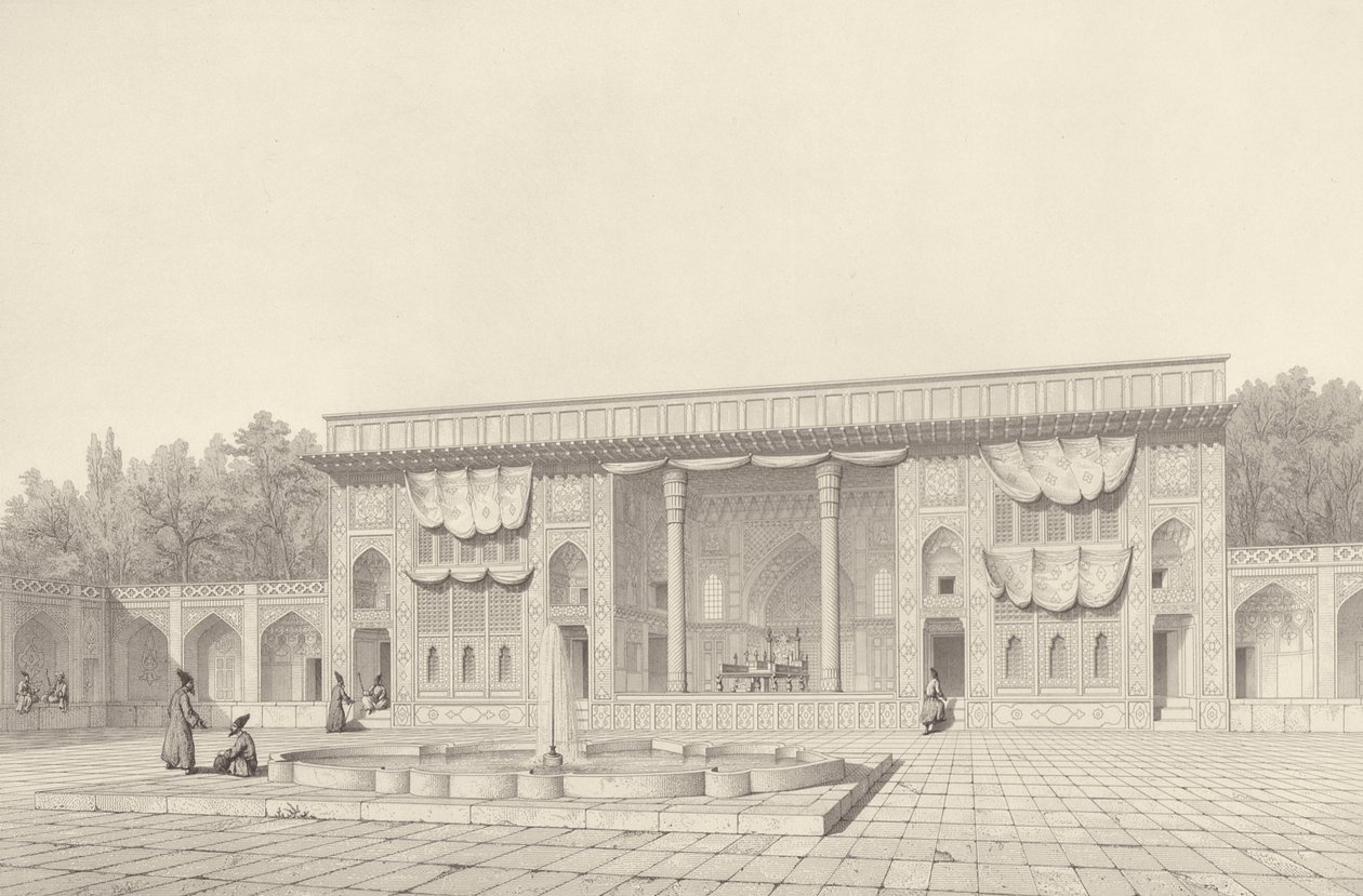 Trónpavilon, Teheránban, a Voyage Pittoresque of Persia, metszett Claude Sauvageot (1832-85) által kiadott Lemercier, Párizs, 1856 alkotó: Pascal Xavier after Coste