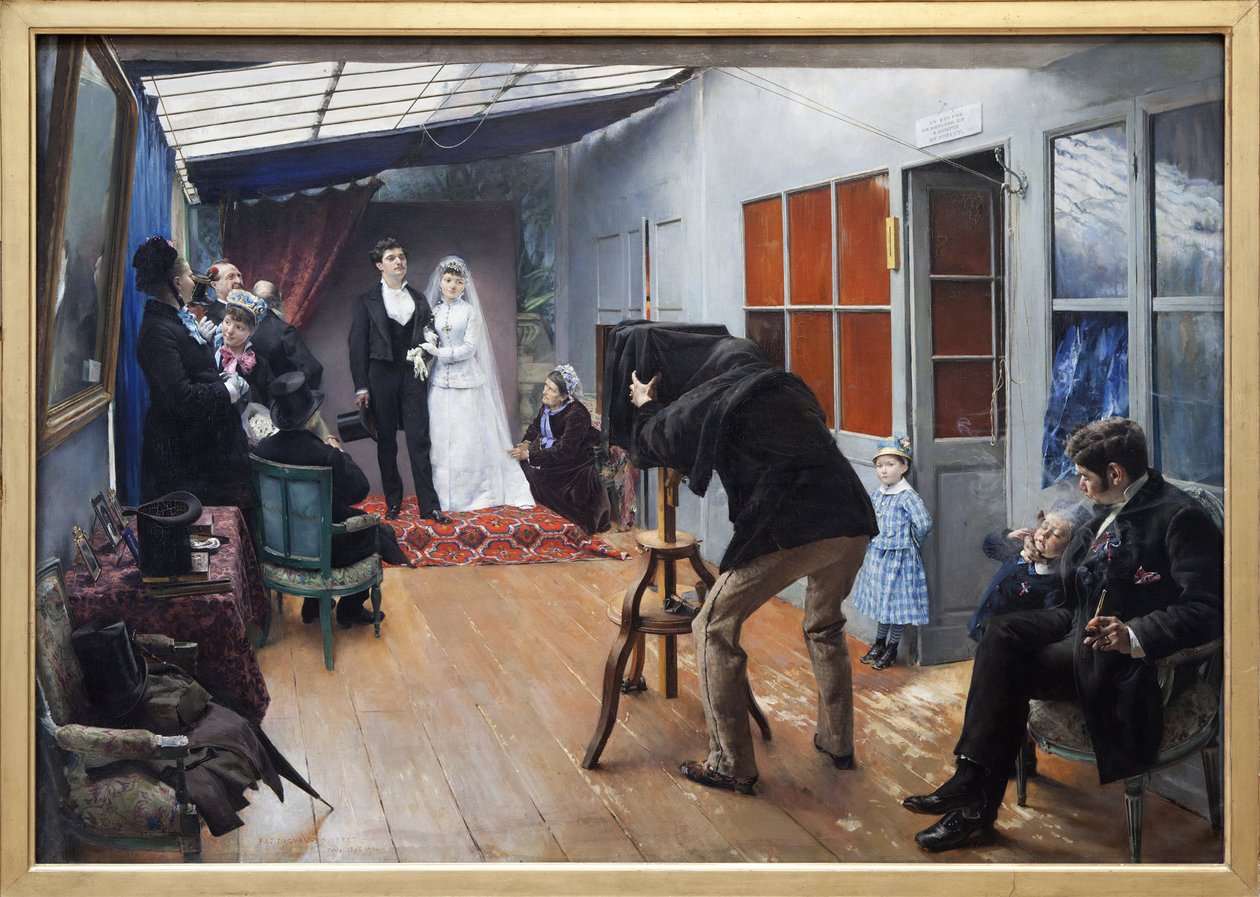 Esküvő a fotóssal, Pascal Adolphe Jean Dagnan Bouveret (1852-1929) festménye 1879-ben. Fényképészet, KIM Youngtae, Lyon, Musee des Beaux Arts de Lyon. alkotó: Pascal Adolphe Jean Dagnan Bouveret