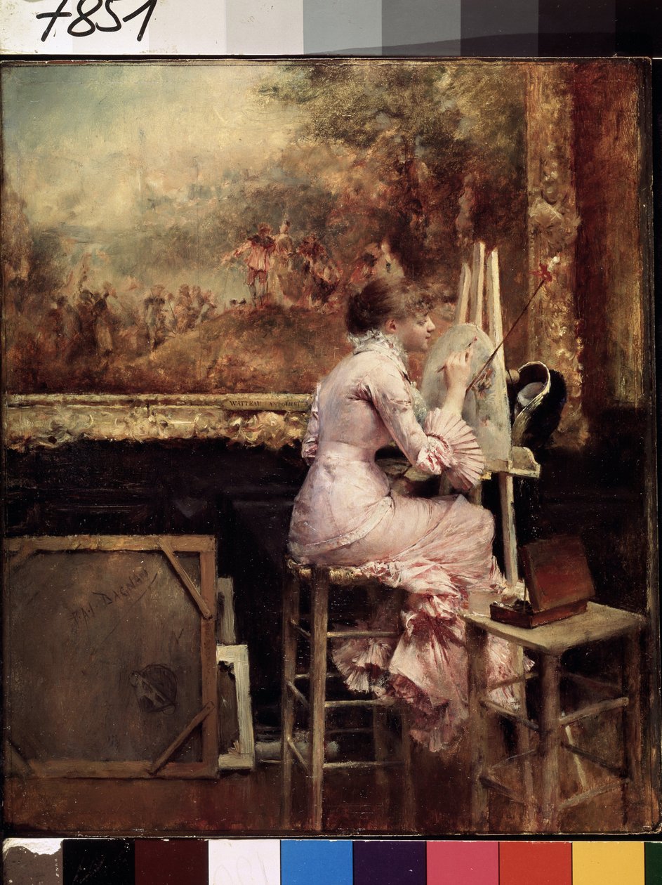 ""Fiatal művész akvarellt készít a Louvre Múzeumban" (Fiatal akvarellművész a Louvre-ban) Belle Epoque stílusban van öltözve, és egy széken ül. Pascal Adolphe Jean Dagnan-Bouveret (Dagnan Bouveret) (1852-1929) festménye 1889 körül alkotó: Pascal Adolphe Jean Dagnan Bouveret