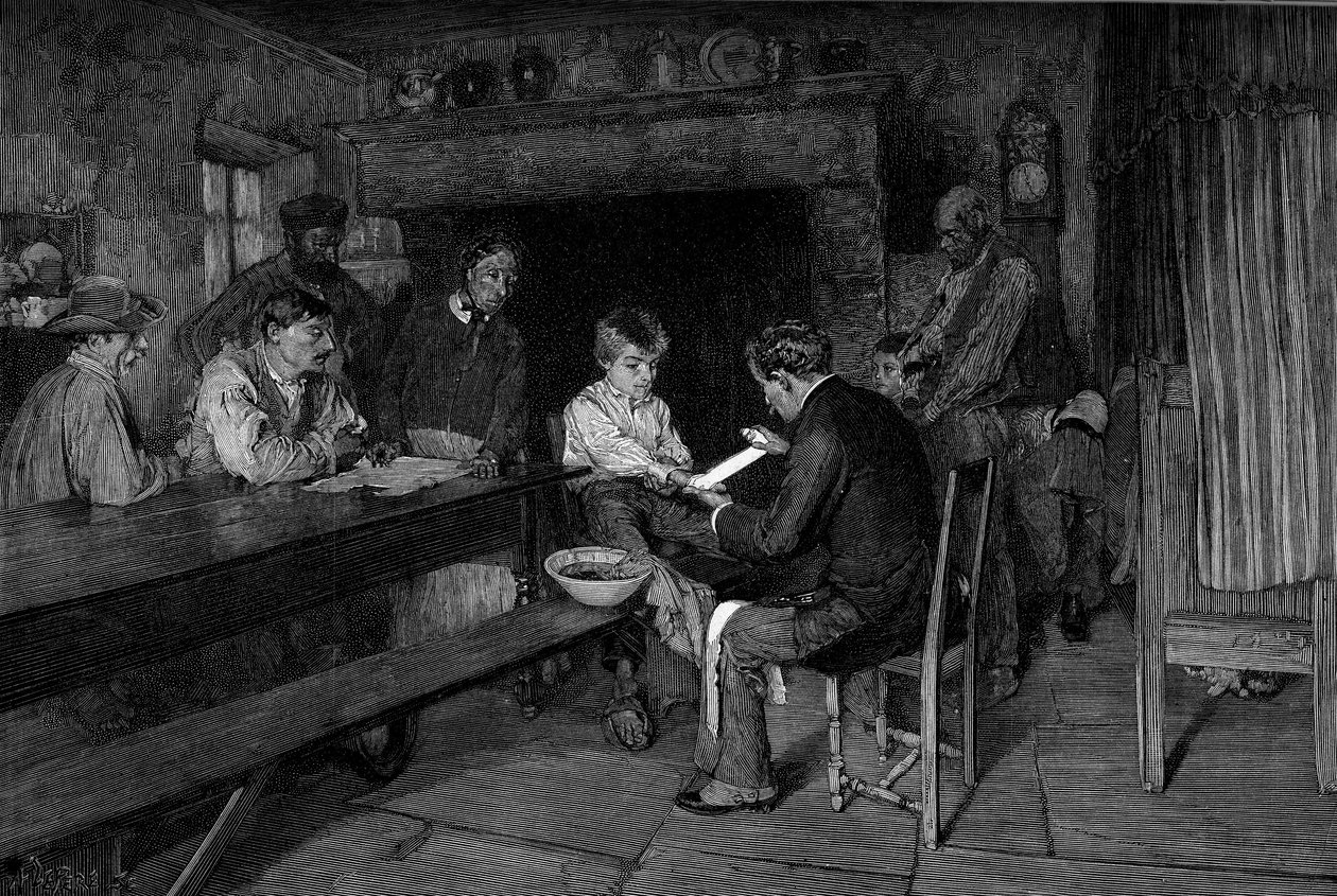 Baleset (1879): az orvos meggyógyítja egy fiatal paraszt sérülését. Metszet Pascal Dagnan-Bouveret (Dagnan Bouveret) (1852-1929) festménye után. A „The Illustrous World”” 1208. számában, május 22-én alkotó: Pascal Adolphe Jean Dagnan Bouveret