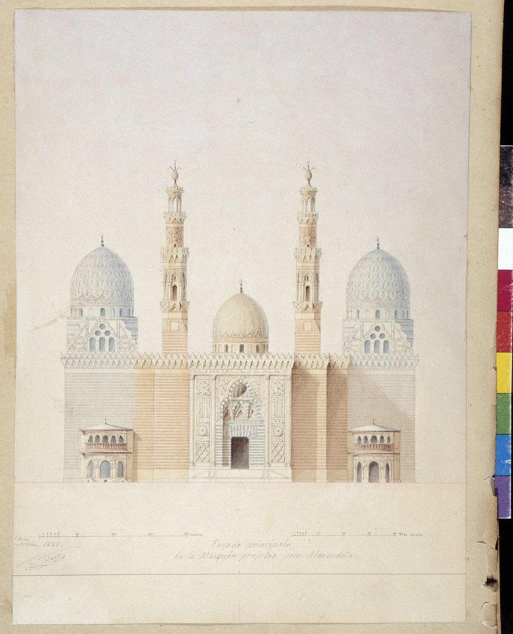 Építészet: Alexandriai mecset főhomlokzati projektje. Egyiptom. Pascal Coste rajza (1787-1879) alkotó: Pascal Xavier (after) Coste