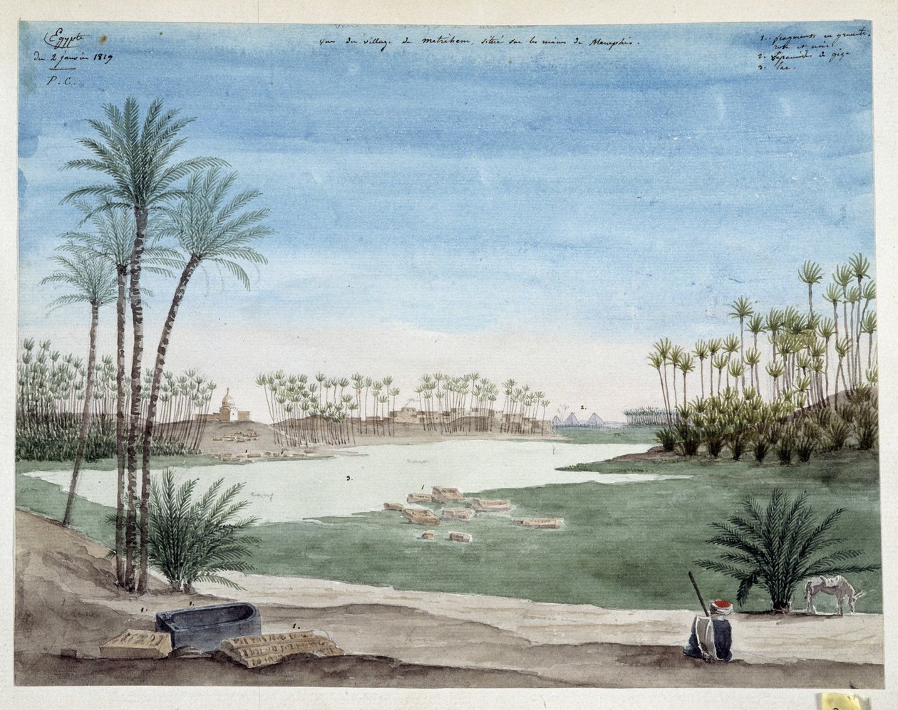 Egyiptom: Kilátás a Memphis melletti Metriham falura. Pascal Coste (1787-1879) 1819-es rajza, Mediterrán Régészeti Múzeum, Marseille alkotó: Pascal Xavier (after) Coste