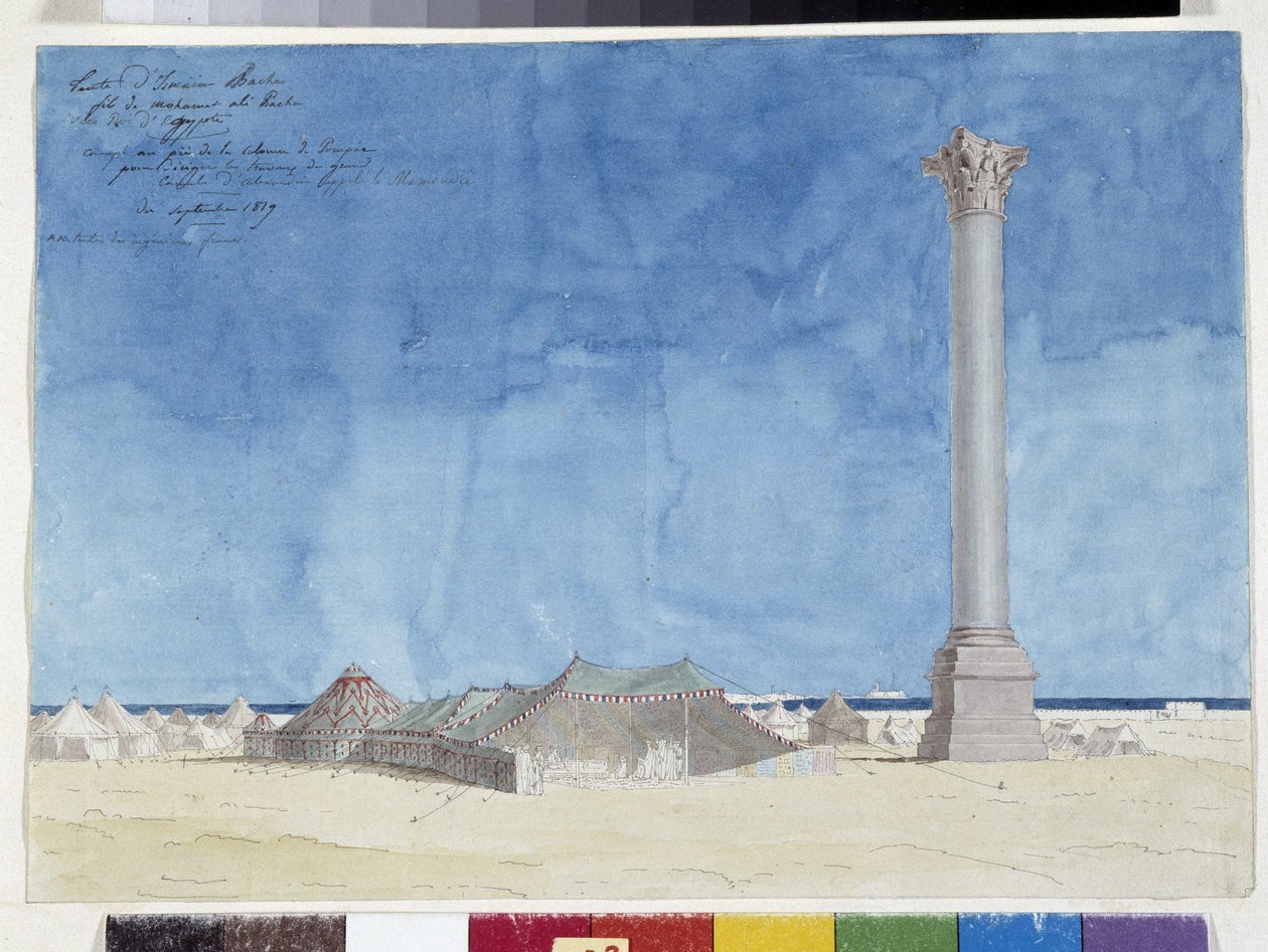 Sátor, tábor a Pompee-oszlop lábánál. Pascal Coste (1787-1879) rajza, Marseille városi könyvtára alkotó: Pascal Xavier (after) Coste