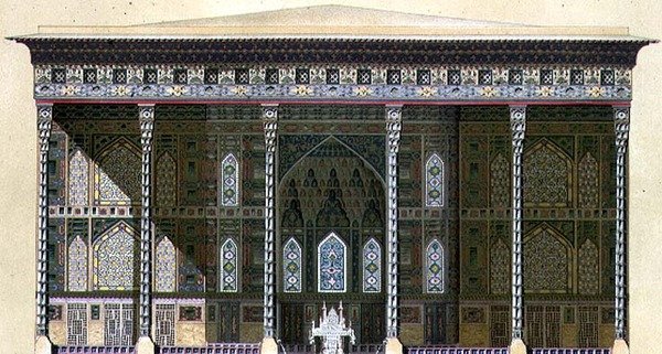 Chehel Situn pavilonja, vagy „a 40 oszlop”, Iszfahan, a „Perzsa modern emlékművei” 42-43. táblája, A. Levie metszet alkotó: Pascal Xavier (after) Coste