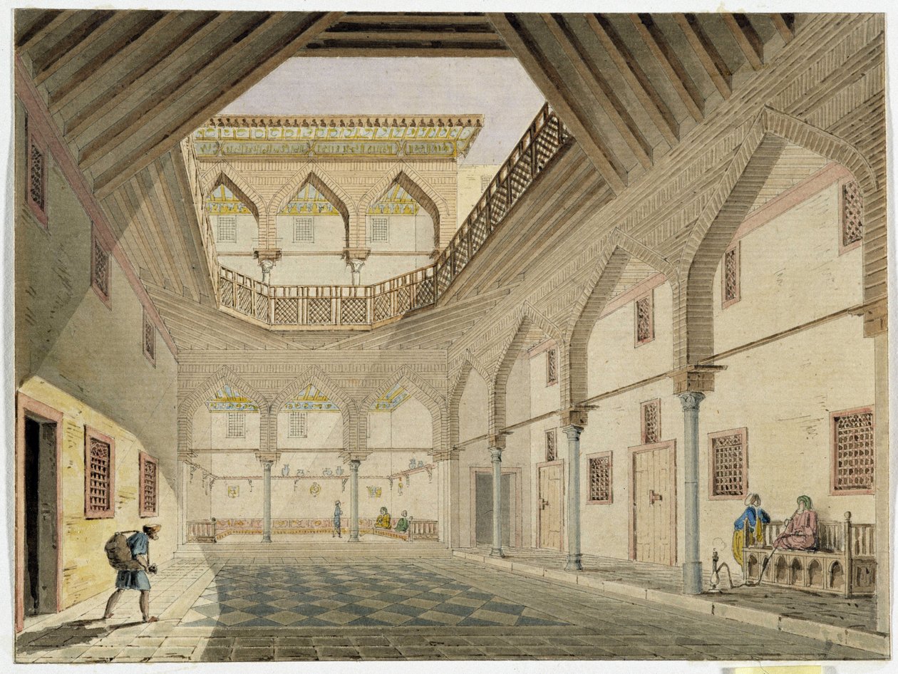 Kilátás egy lakókocsi-vasút belsejére, Azir Osman Agha otthonára. Pascal Coste (1787-1879) akvarellje, Mediterrán Régészeti Múzeum, Marseille alkotó: Pascal Xavier (after) Coste