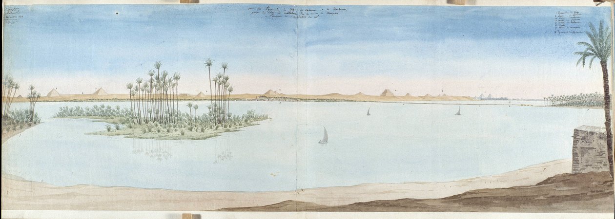 Kilátás Guiseh piramisaira (Guiseh, Giza, Giza), Sakarra és Datekour. Pascal Coste (1787-1879) Egyiptom akvarellje, Marseille Városi Könyvtár alkotó: Pascal Xavier (after) Coste