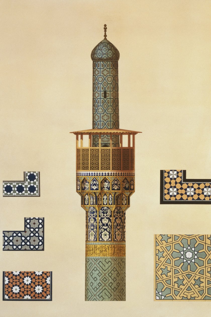 Minaret és kerámia részletek a Medrese-i-Shah-Hussein mecsetből, Iszfahán, 24-25. tábla a „Perzsa modern műemlékei”-ből, metszett A. Levie, 1856 alkotó: Pascal Xavier Coste