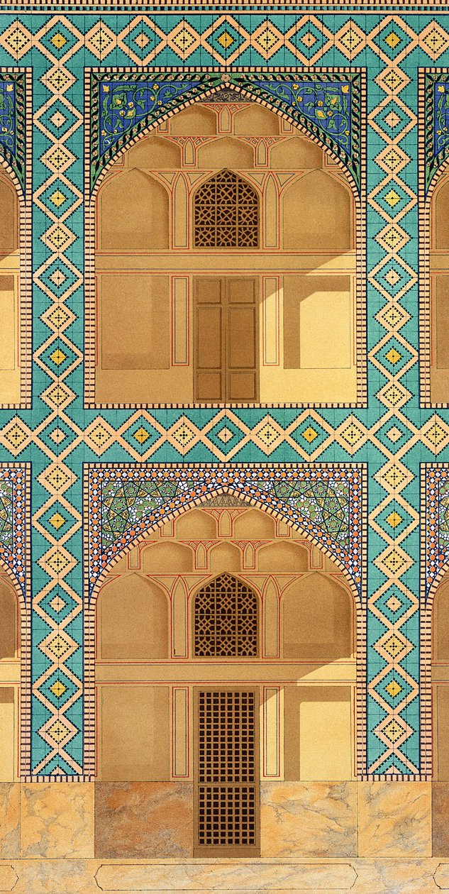 Részlet az udvari árkádokról a Medrese-i-Shah-Husseinben, Isfahan, 26-27. lemez a Modern Monuments of Persia, metszett A. Levie, 1856 litho alkotó: Pascal Xavier Coste