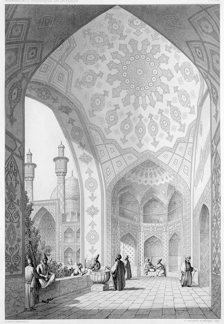 A Medrese-i-Shah-Hussein főbejáratának előszobája, Iszfahan, 21. tábla a „Perzsa modern emlékműveiből”, Claude Sauvageot (1832-85) és Maurage metszet, 1856 alkotó: Pascal Xavier Coste