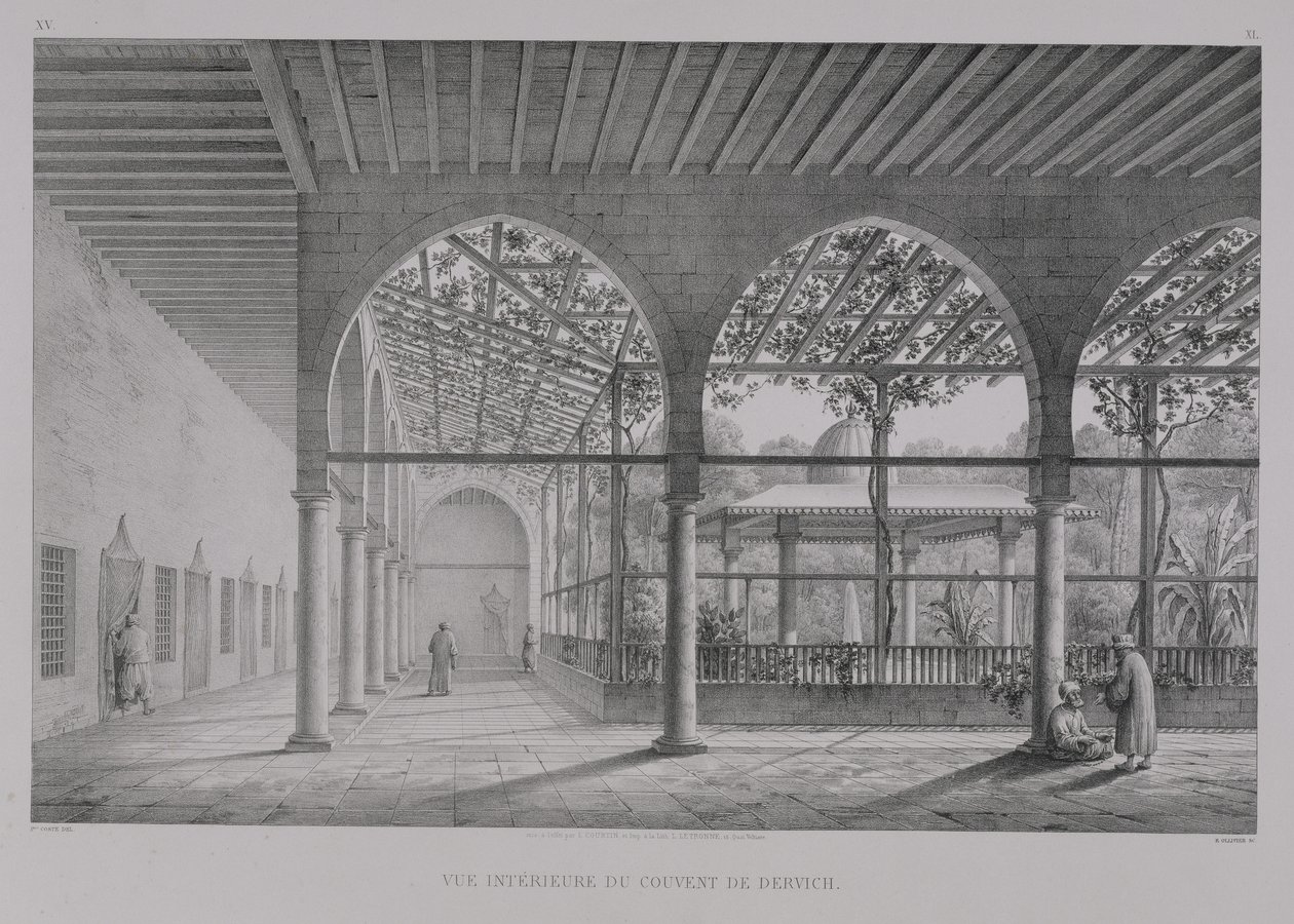 Kilátás a kairói Dervis-kolostor belsejére a "Kairói műemlékek és épületek" című művéből, Emile Edmond Ollivier (1800-64) metszete, Letronne, Párizs, 1829 alkotó: Pascal Xavier Coste