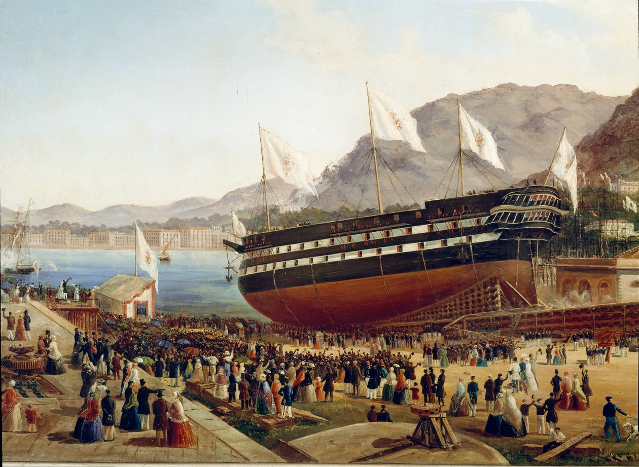 A Monarca hajó felavatása a nápolyi Castellammare arzenáljában 1854-ben Részlet - Pasquale De Luca festménye (XIX. század) Nápoly, Museo Nazionale di San Martino alkotó: Pasquale de Luca