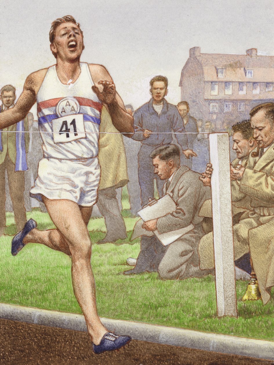 Roger Bannister futja az első négyperces mérföldet (gouache, papír) alkotó: Pat (1907 95) Nicolle