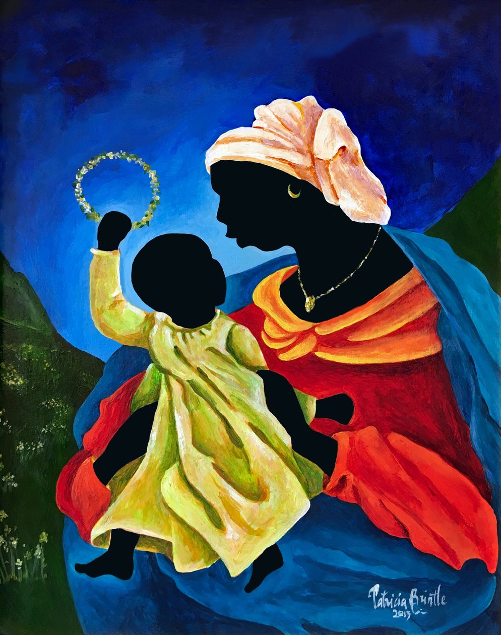 Madonna és gyermek virágkoronával, 2015 (akril, masonit) alkotó: Patricia Brintle