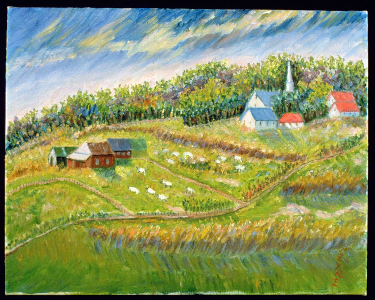 Farm juhokkal, Les Eboulement (olaj belga vászonra) alkotó: Patricia Contemporary Artist Eyre