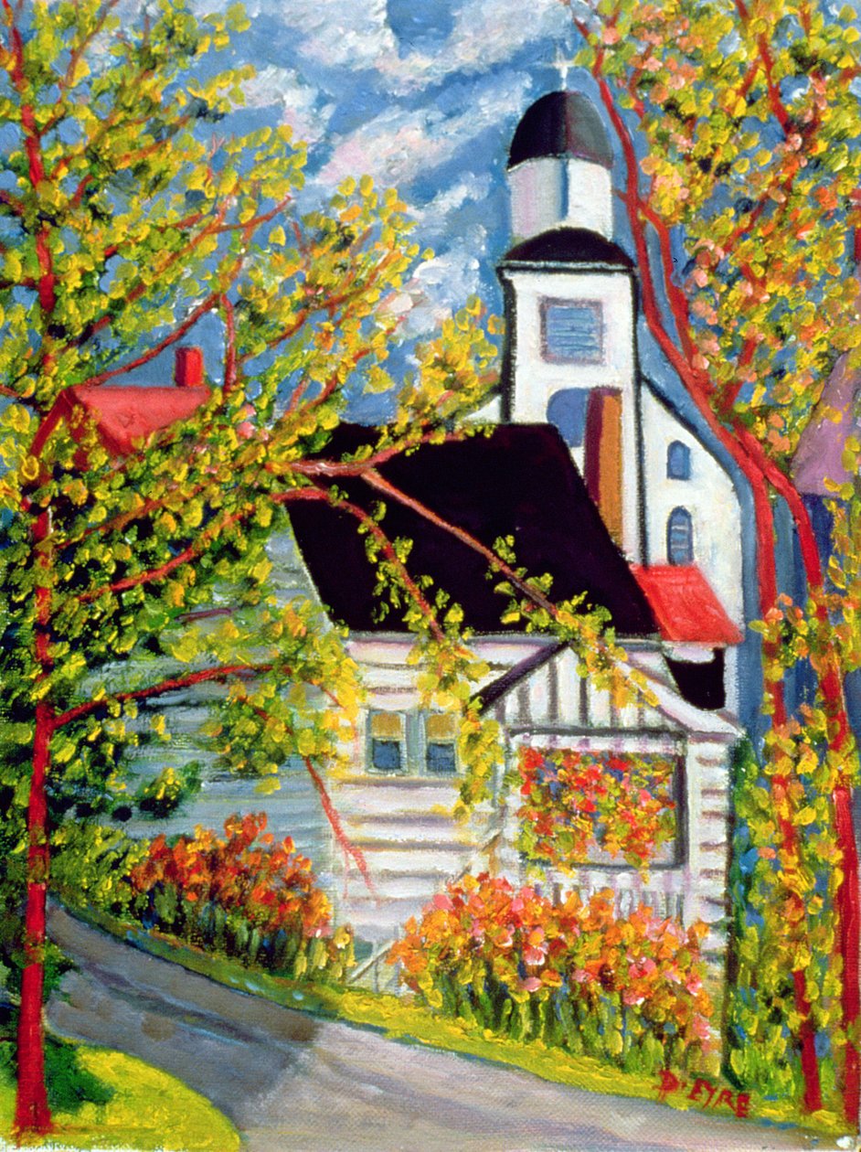 Ház templommal, Badeck (olaj, vászon) alkotó: Patricia Contemporary Artist Eyre