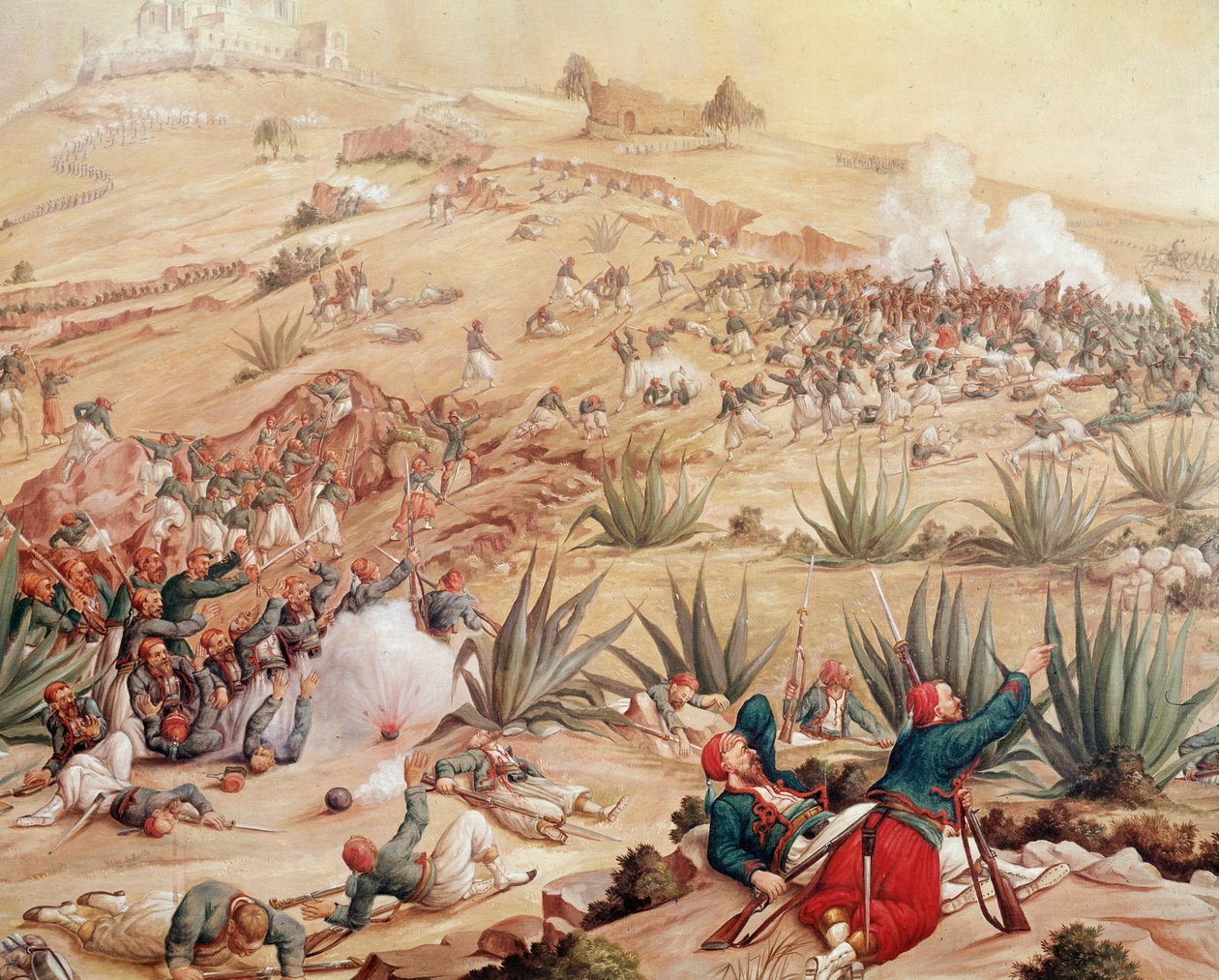 Mexikói expedíció: "" Puebla csata 1862. május 5-én Puebla de los Angeles városa körül, az Ignacio Zaragoza vezette mexikói seregek és a Második Francia Birodalom hadseregei között, Charles Ferdinand Latrille gróf vezetésével. Lorencez” (A csata alkotó: Patricio Ramos Ortega