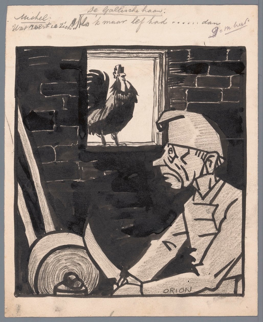 Az ember kést élesít, miközben a francia kakas kukorékol A gall kakas (cím a tárgyon) alkotó: Patricq Kroon (signed by artist)