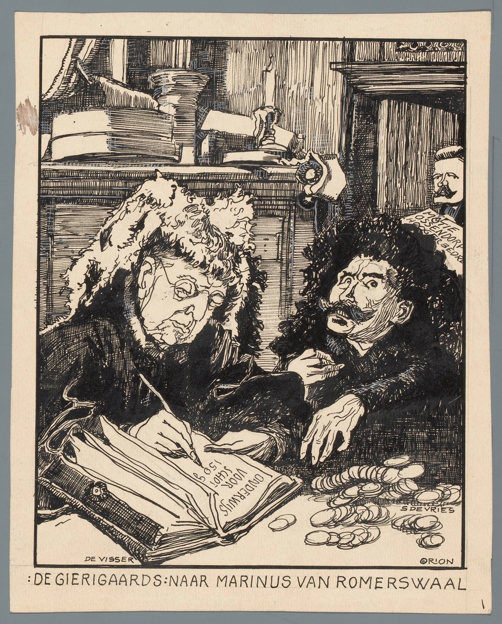 De Visser és Simon de Vries miniszterek mint adószedők A fösvények: Marinus van Romerwaal után (cím a tárgyon) alkotó: Patricq Kroon (signed by artist)