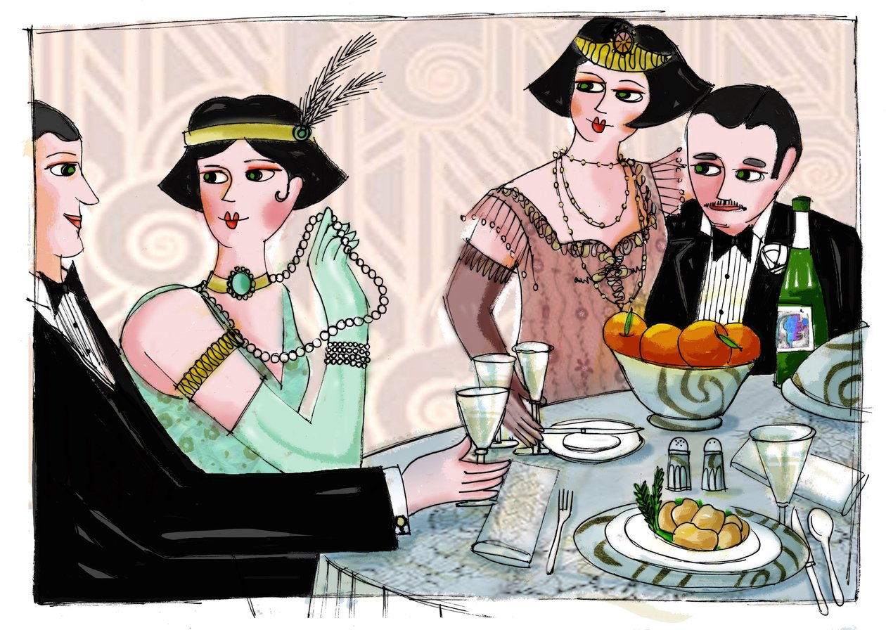 Illusztráció, amely egy világi vacsorát ábrázol Francis Scott Fitzgerald (1896-1940) amerikai író "Gatsby, a csodálatos" című művében (A nagy Gatsby) Patrizia Laporta rajzolta. alkotó: Patrizia La Porta