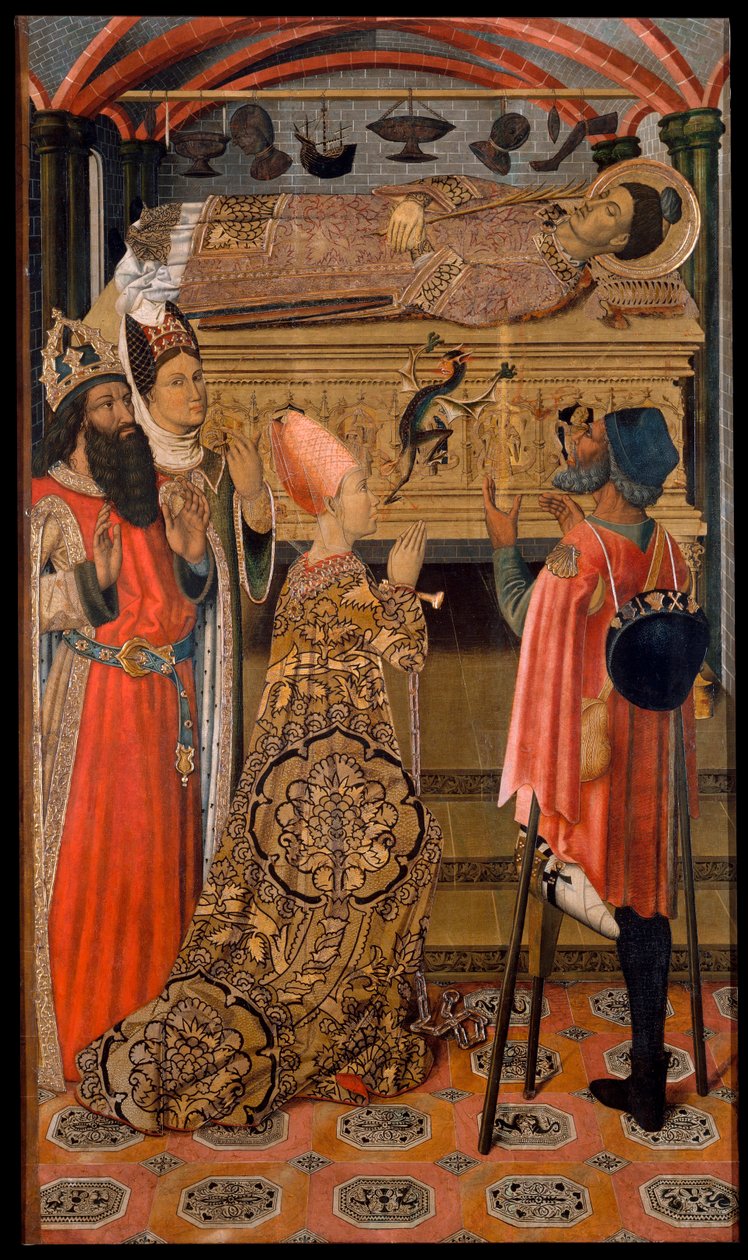 Eudocia (Eudoxie) hercegnő (408-460) Szent István sírja előtt - Eudoxia hercegnő Szent István sírja előtt - A Vergos család festménye (aktív 15. század vége) - kb. 1495 - Tempera a panelen - 192,3x114 - Museu Nacional d