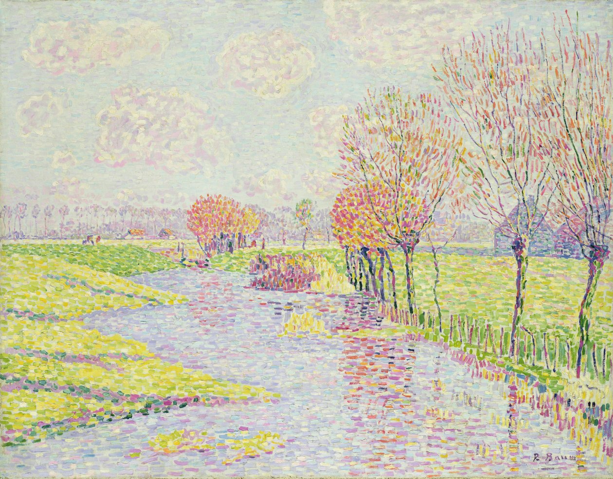 Hollandia késő ősszel, táj fűzfákkal a vízen, 1904 alkotó: Paul Baum