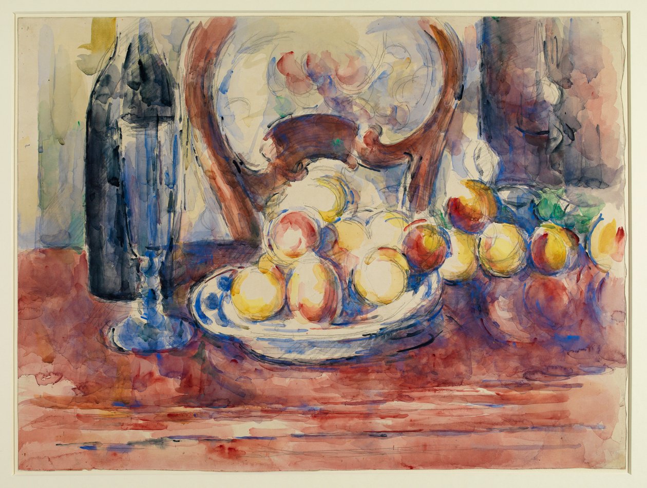 Csendélet almával, palackkal és széktámlával, 19. század (ceruza és gouache papíron) alkotó: Paul Cézanne