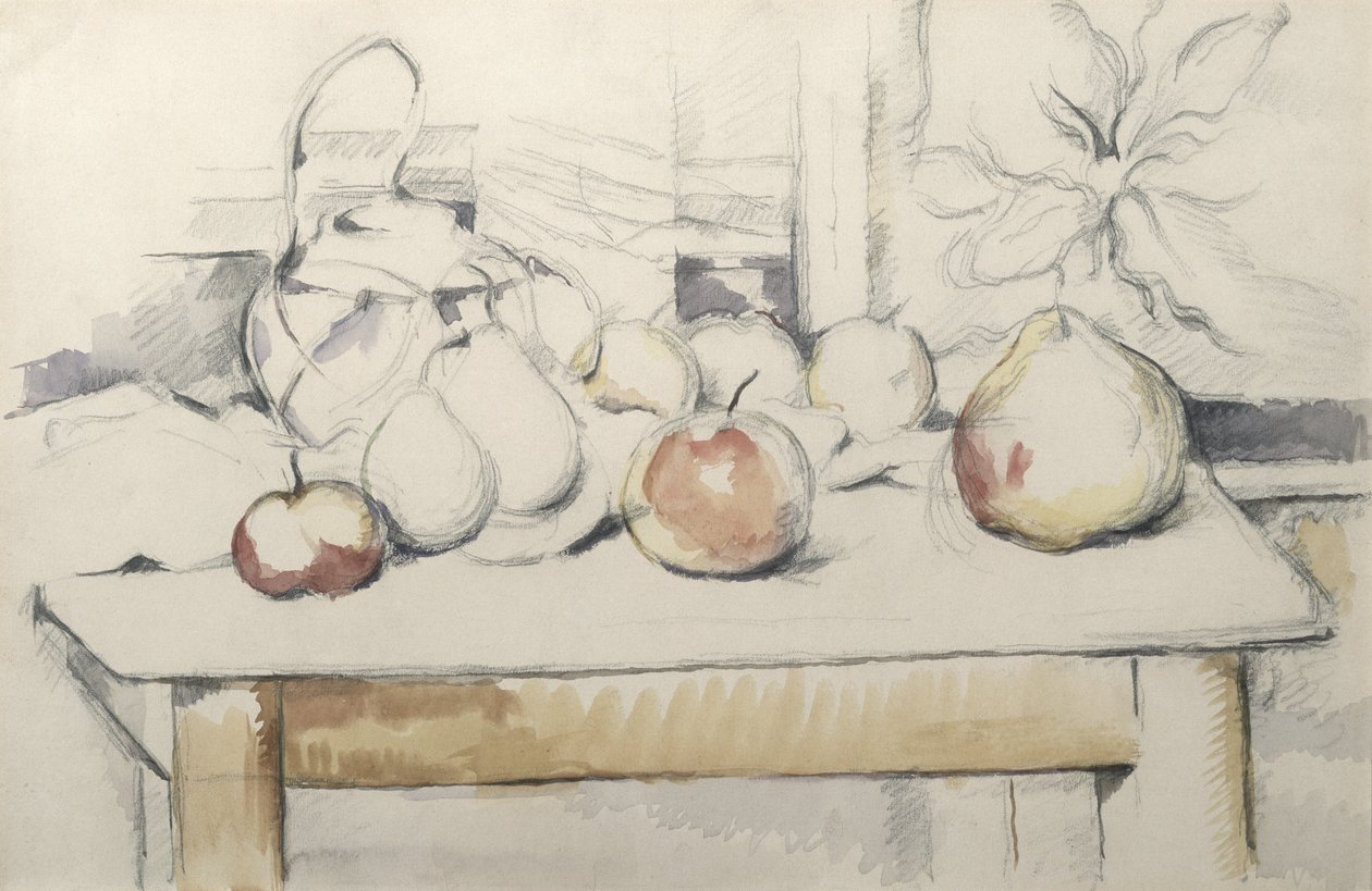 Gyömbéres edény és gyümölcsök az asztalon, 1888-90 körül (ceruza és vc, papír) alkotó: Paul Cézanne