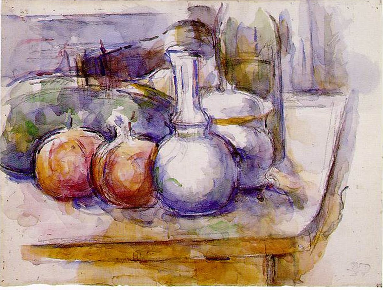 Csendélet: Kancsó, üveg, gránátalma, görögdinnye, 1900-06 (wc és fekete kréta papíron) alkotó: Paul Cézanne