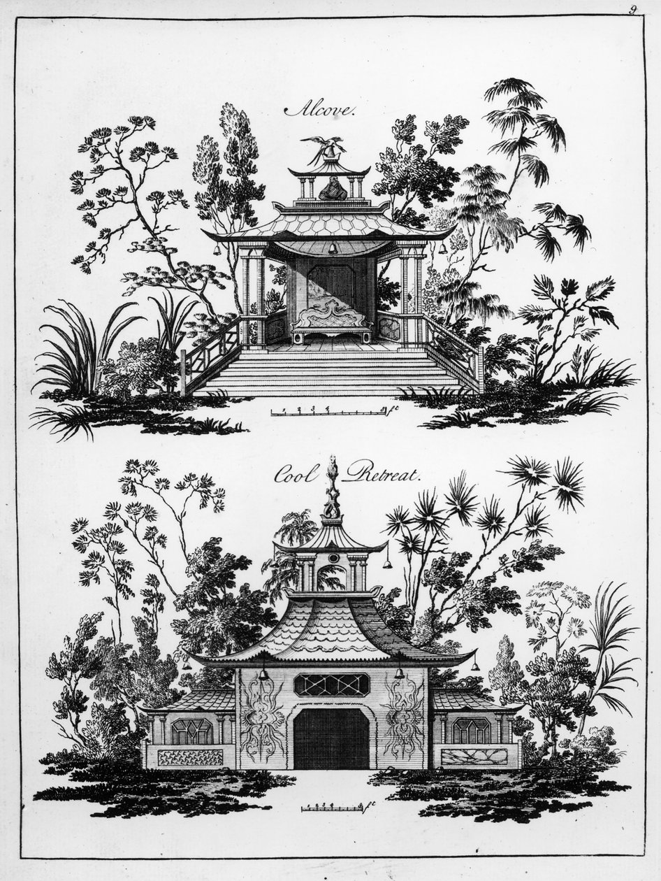 Egy fülke és egy hűvös visszavonulási hely, az 1759-ben megjelent "Chinese Architecture, Civil and Ornamental" című könyvből. alkotó: Paul Decker
