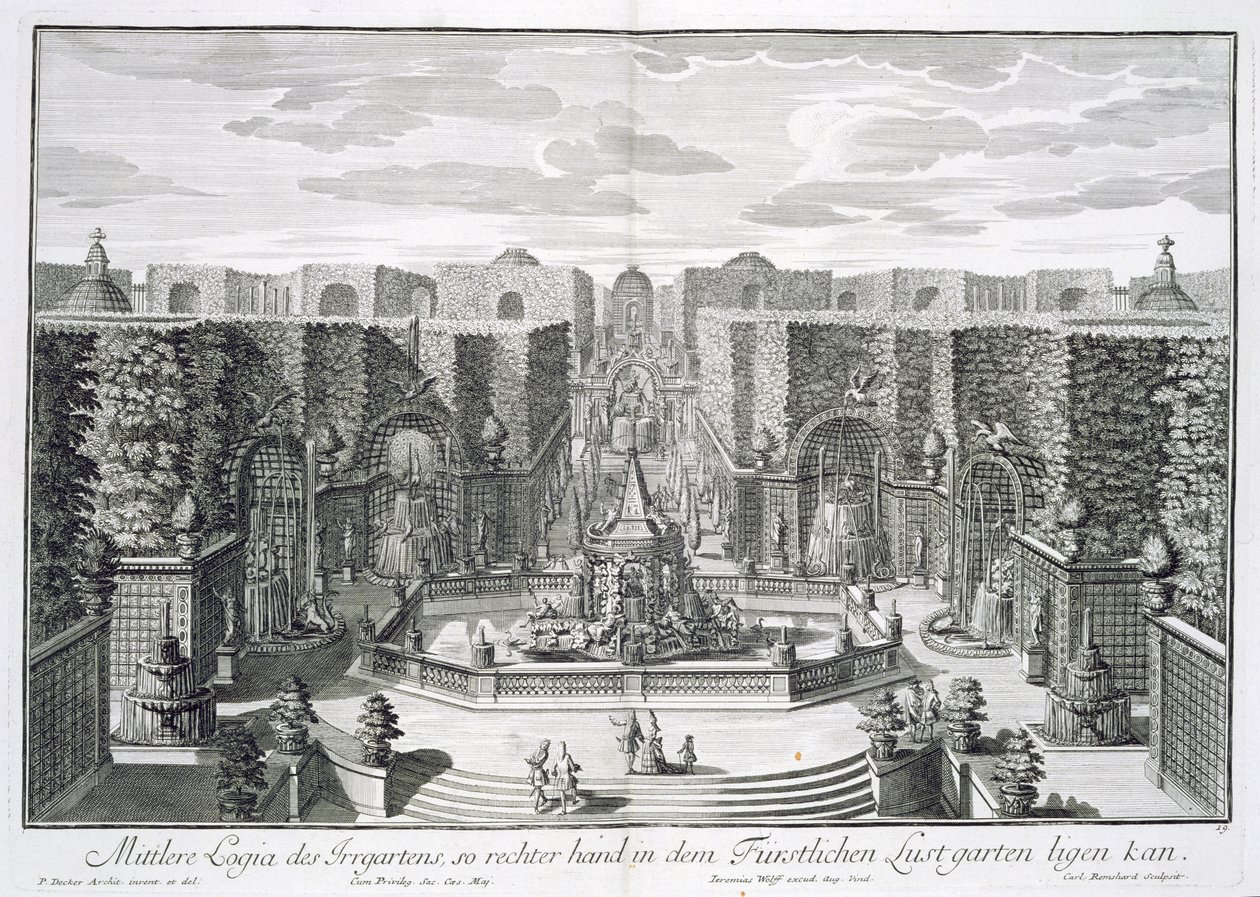 Német vízikert, a Karl Remshard (1678-1735) által metszett "Furstlicher Baumeister"-ből, 1711-16 körül jelent meg. alkotó: Paul Decker