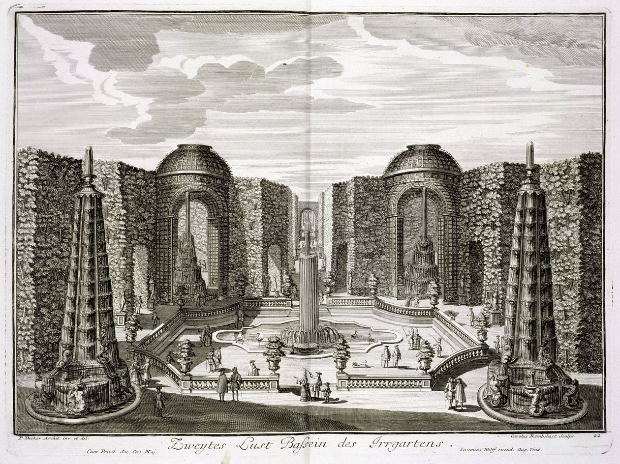 A szökőkút a labirintusban a berlini Princely Pleasure Palace and Gardensben, Karl Remshard (1678-1735) metszetében, 1711-16 körül alkotó: Paul Decker