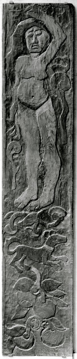 Faragott függőleges panel Gauguins végső lakhelyének ajtókeretéből, Atuonában a Hiva Oa-n (Marquesas-szigetek), 1902 (sequoia) alkotó: Paul Gauguin